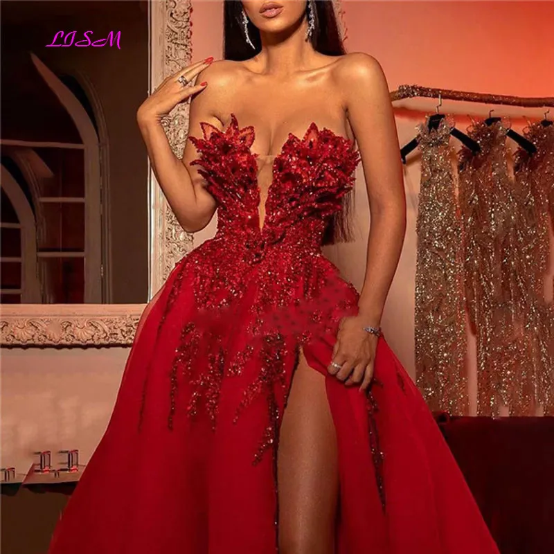 Longue robe de soirée rouge élégante, sans manches, paillettes brillantes, robes de bal Sexy fendues en Tulle, robes de soirée formelles pour femmes