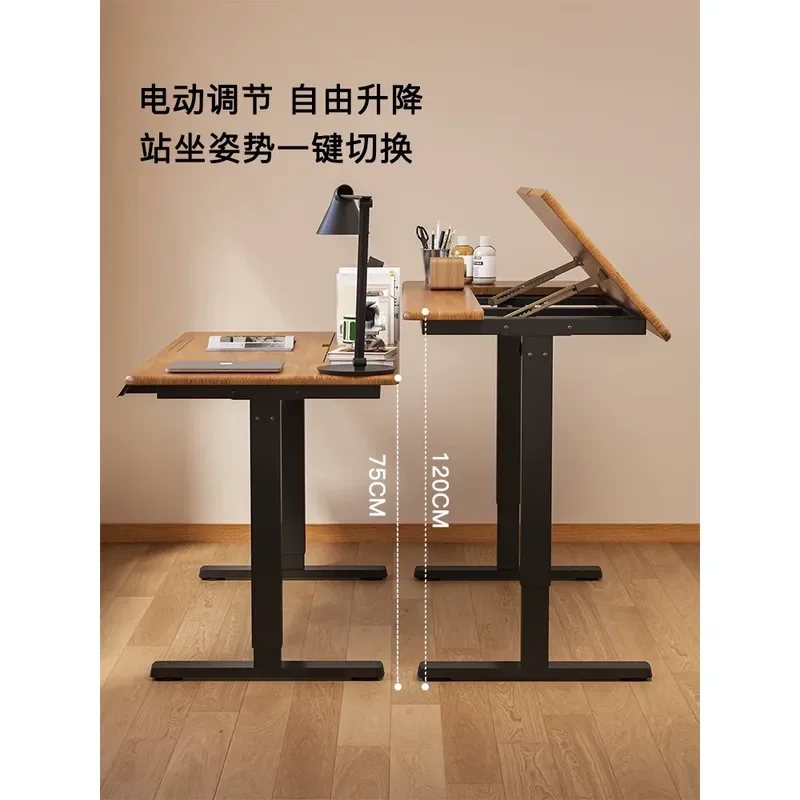 Intelligent electric lifting desk tiltable medieval cherry wood home study table desk hand crank computer table