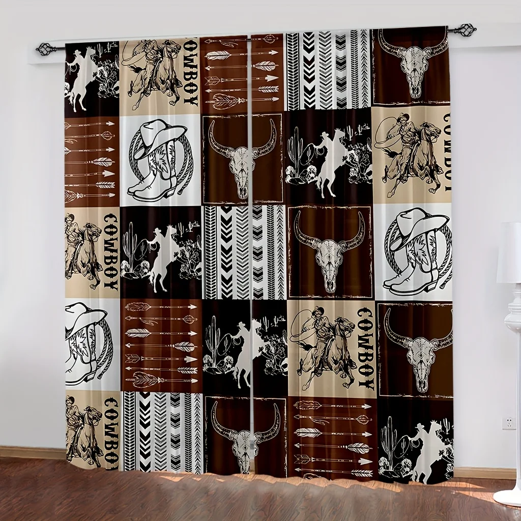 Western Cowboy Skull Steer Boho Chic Curtain Panels for Rustic Farmhouse Bedroom Decor Window Treatment