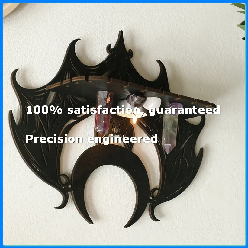Black Wooden Wall Shelf Gothic Bat Moon Profiling Hollow Pattern Floating Shelf Crystal Holder Goth Witch Room Decor-FS