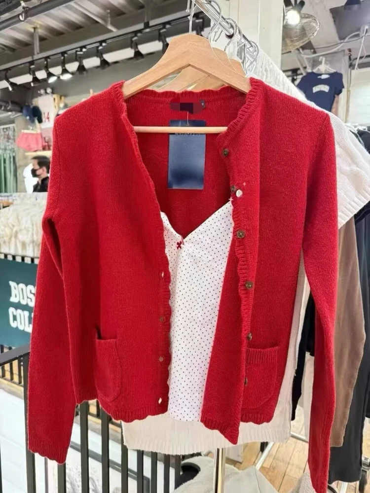 Woman's O-Neck Single Breasted Long Sleeve Cotton Sweater Cardigan - Red Slim Pockets Spring Sweet Knitwear Y2k Top Coat