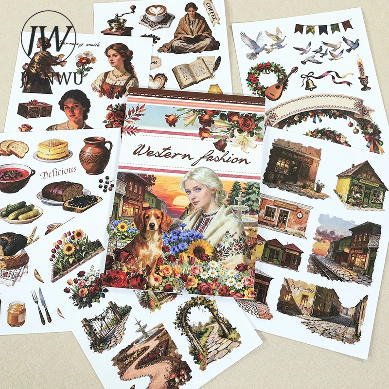 

JIANWU 20 Sheets/book Vintage Character Flower Landscape Material Collage Scrapbooking Sticker Book Creative Journal Stationery