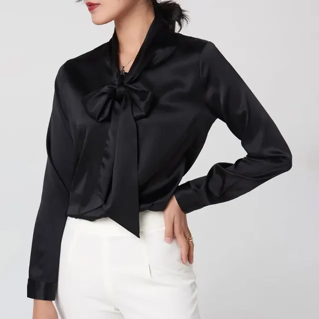 

, 1PC Women long sleeve shirts blouse shirt Top office lady 95% mulberry silk 5% spandex satin solid colors. S-224