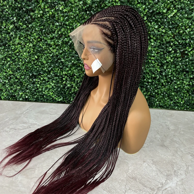 Dark Burgundy Synthetic Braided Wig Lace Frontal Braids Wig 26 Inch Cornrow Lace Closure Wigs 1b/99J Color Wig for Black Women