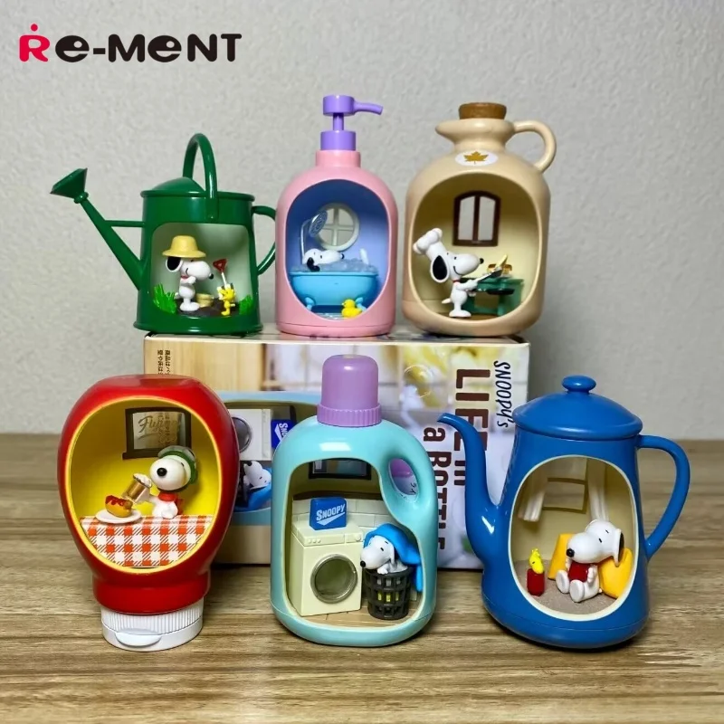 Re-Ment-figura de Snoopy'S Life In A Bottle, adorno de hora feliz, colección de muñecos en miniatura, juguetes de figuras de Anime, regalo