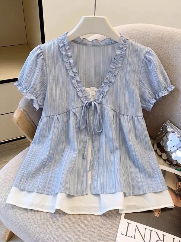 

Light Blue Striped V-Neck Shoulder Shirt Women's plus Size Summer New Style Doll Top Korean Style Loose Fit Short Sleeve