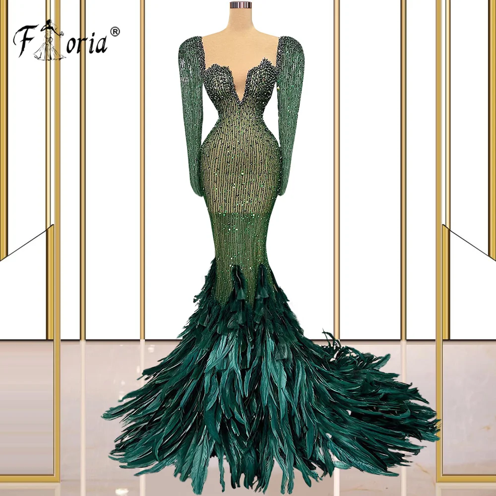 Hot Koop Groen Mermaid Trompet Feestjurk فساتين مناسبة رسمية Veren Kralen Prom Dresses Couture Celebrity Avondjurk Gewaden