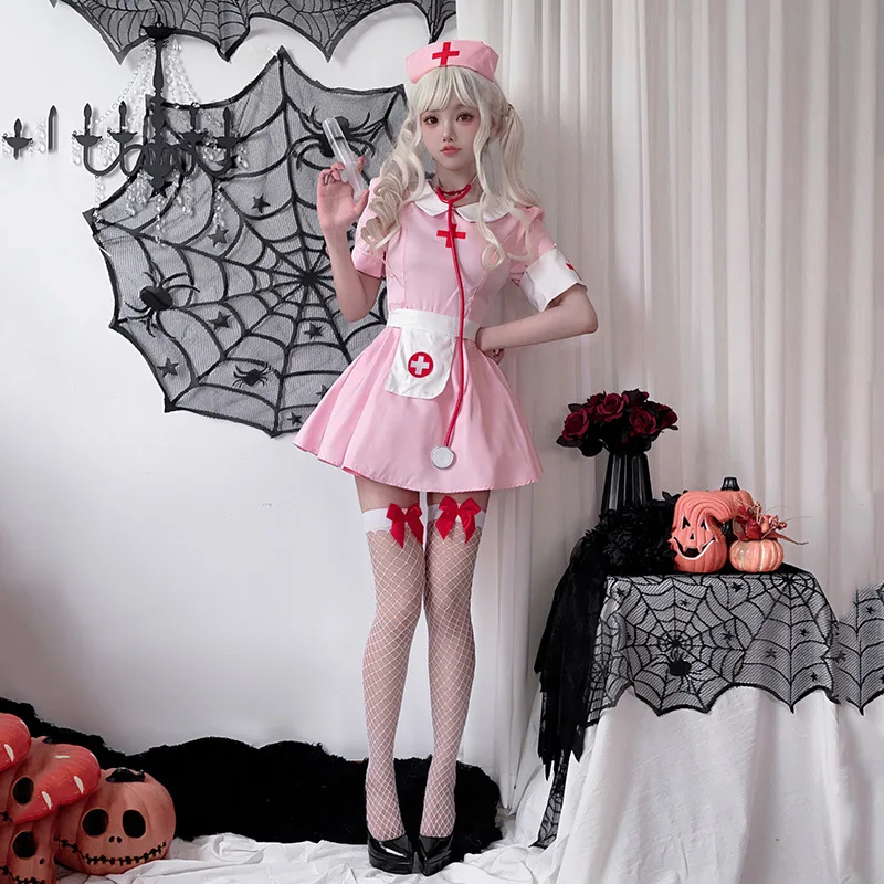 2025 Halloween Rosa Japonês Y2K Traje de Enfermeira - Ahegao Cosplay Vestido com Estetoscópio Prop