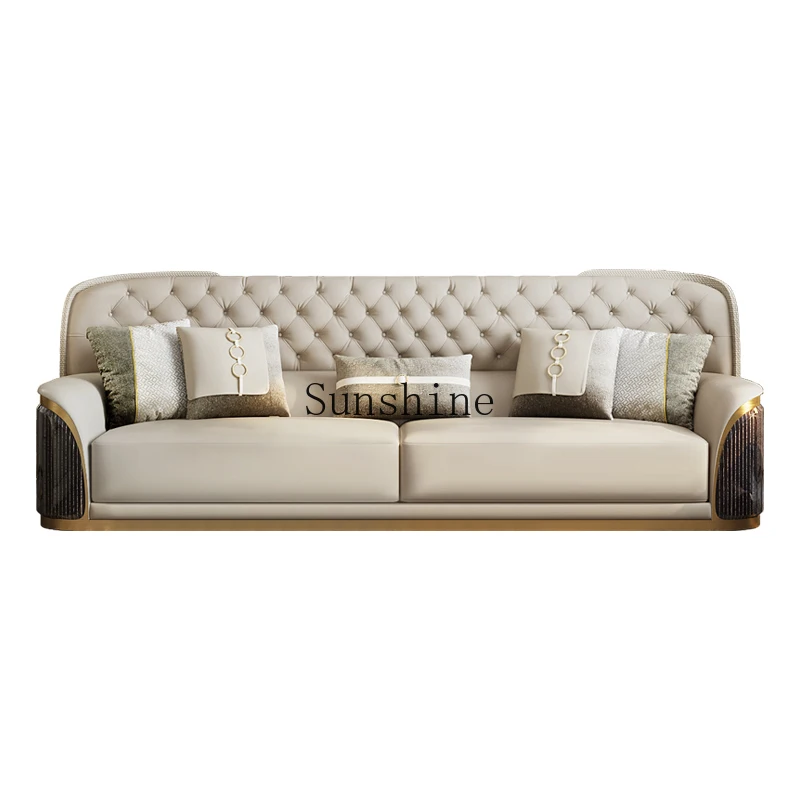 

Italian post-modern light luxury sofa high back solid wood top layer leather large apartment