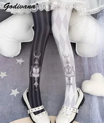 Original Lolita Oberschenkel hohe Socken Diamant Plaid Retro bedruckte Strumpfhose Damen Frühling und Herbst Leggings Gothic Strumpfhosen