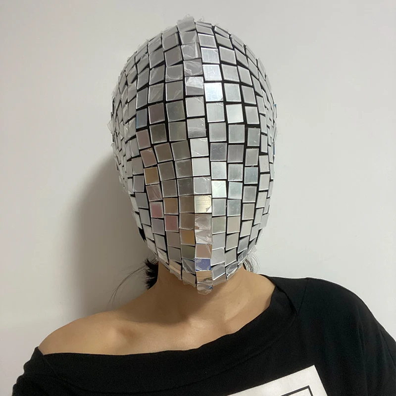 

Серебряная зеркальная маска, головной убор, аксессуары для костюмов для выступлений на сцене, наряд для вечеринки Gogo Show, танцевальная одежда Drag Queen, головной убор VDL3905