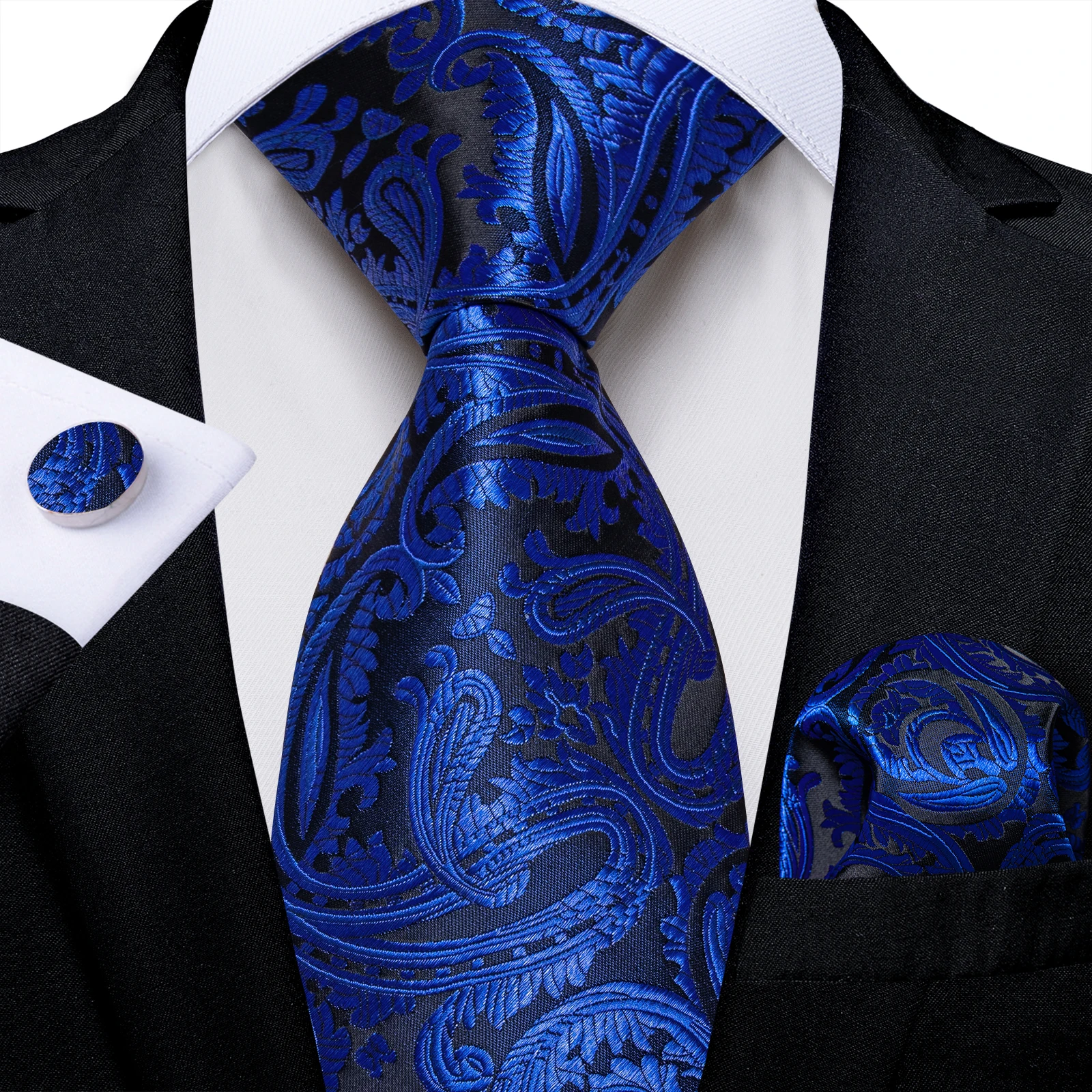 Royal Blue Paisley Plaid Striped Men tie Set with Handkerchief Cufflinks Wedding Prom Groom Accessories Perfect Gift for Men