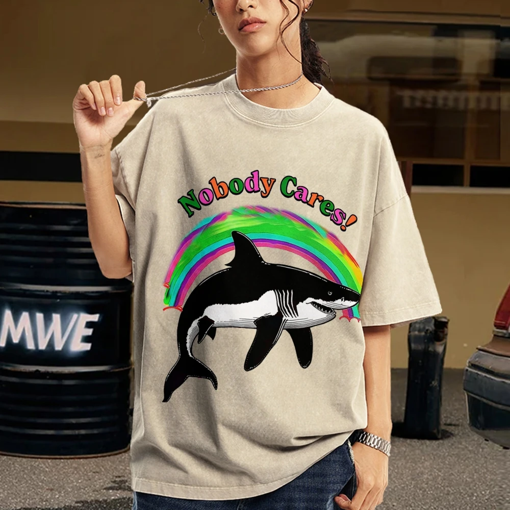 Nobody cares Whale T-shirt 2024 Novel Washed T shirt for Women Fashion Anime Graphic Tees Casual Sport Breathable T-Shirts