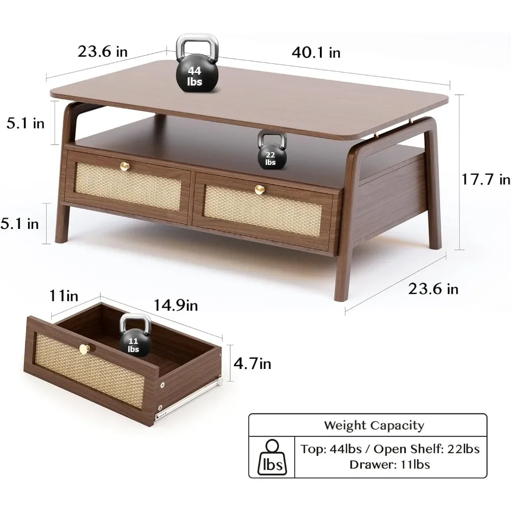 Mesa de centro moderna de meados do século com 4 gavetas de vime, mesas de centro para sala de estar, conveniente para comer, jogos ou trabalhar