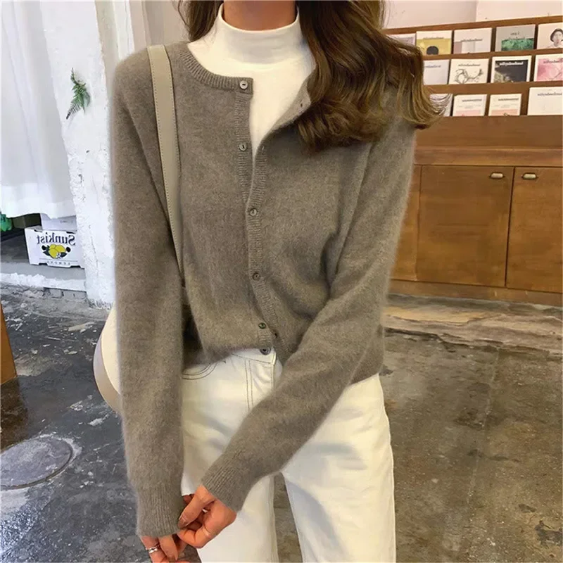 

Woman Round Neck All Match Cardigans Outwear Solid Color Knitted for Women Cardigan Korean Single Breasted Long Sleeve Jumper