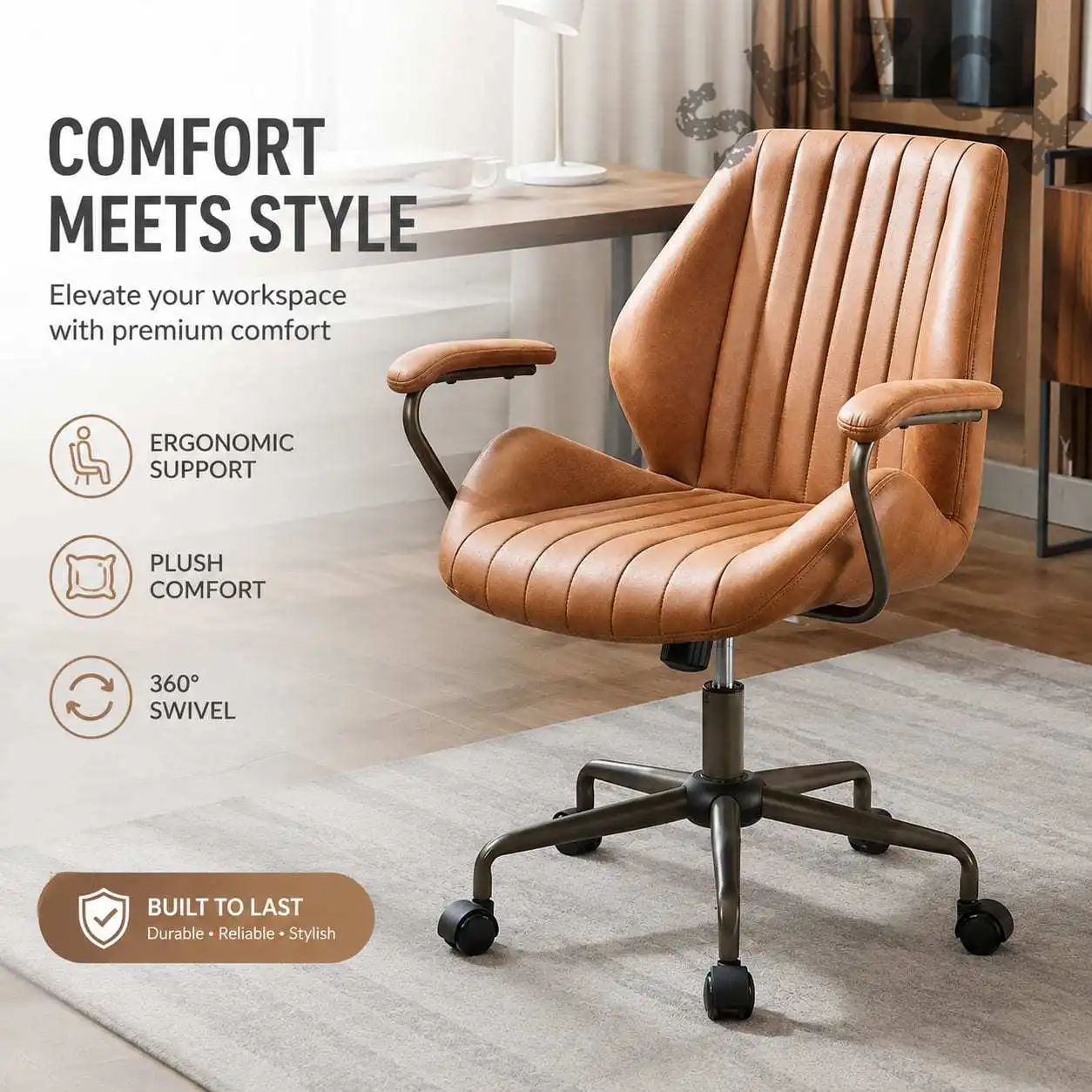 Ergonomic Swivel Office Chair for Home or Study – Comfortable Vintage-Style Task Chair with Lumbar Support