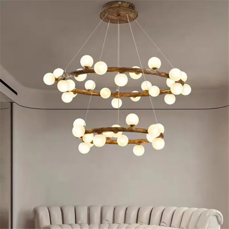 

Retro tree branch chandelier Round ring Pendant Light for Dining Room Bedroom Brown wood Pendant lamp Nordic glass Hanging Lamp