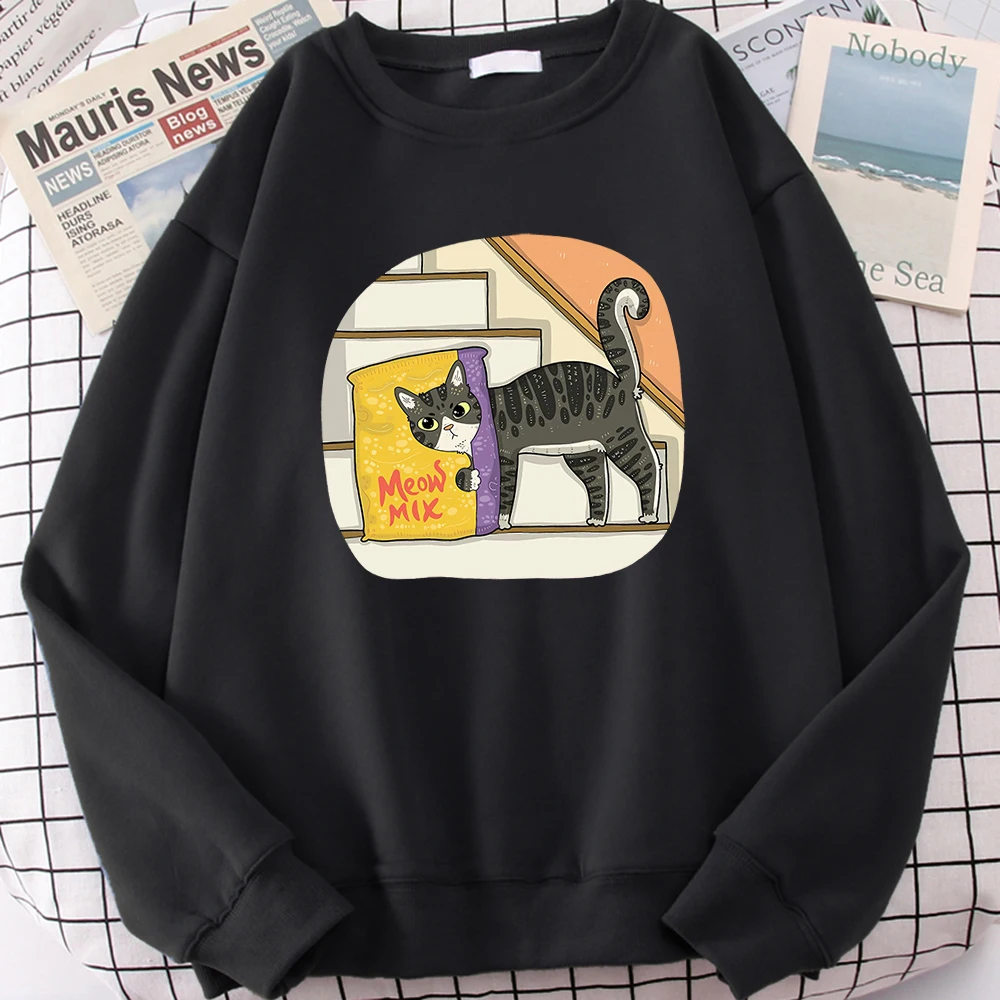 The Cat On The Snack Bag Printed Male Hoodies Fashion Casual Pullovers Autumn Loose Sweatshirt Cartoons Creativity Mens Clothing