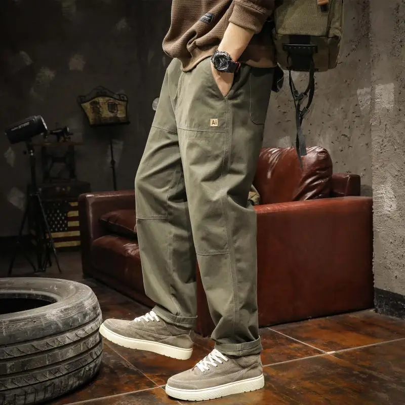 Pantalones Cargo de cintura elástica de algodón de Color sólido para hombre, pantalones casuales con bolsillos, pantalones sueltos que combinan con todo, moda de calle alta, primavera y otoño, nuevo