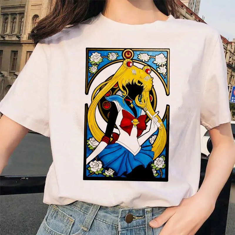 2026 new White Crew Neck Short Sleeve T-Shirt, Front Anime Girl Art Nouveau Frame Portrait Graphic, Unisex Casual Cartoon Tee