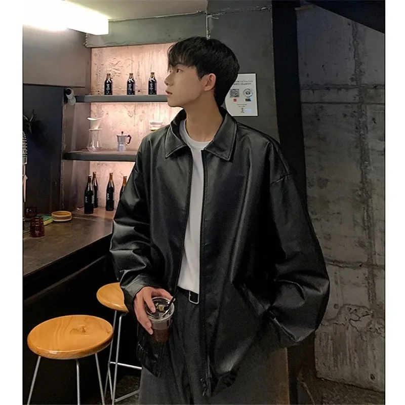 2024 Men's Casual Texture PU Leather Jacket High Street Zipper Turn-down Collar Solid Color Long Sleeve Retro Coat Autumn M-3XL