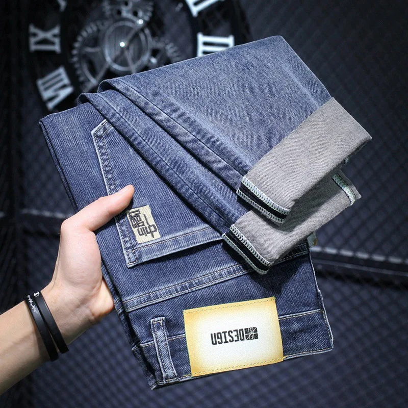 2024 Embroidered Jeans Men's Slim-Fitting Small Straight Stretch Fashion Trendy Casual All-Matching High-End Blue Men's Pants