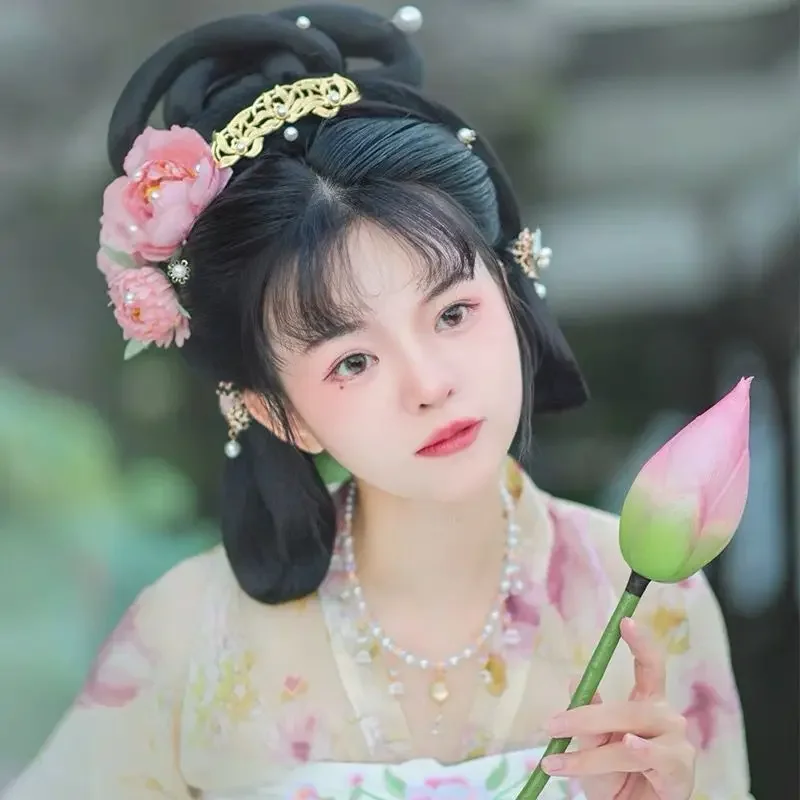 Hanfu Silk Flower Hairpin Set, Acessórios de Cabelo Estilo Tang, Peony Dew Ancient Costume, Flower Photo Headdress