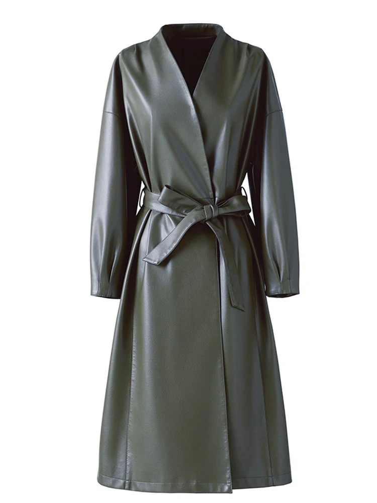 Nuovo Donne Split Cappotto in pelle Primavera Autunno Moda Scollo a V Manica lunga Allacciatura Trench sottile Casual Lunga Pelle Capispalla Femmina