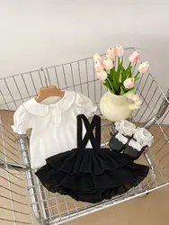 New versatile baby lapel short sleeved T-shirt with suspender bag and skirt pants two-piece set for girls and babies in summer