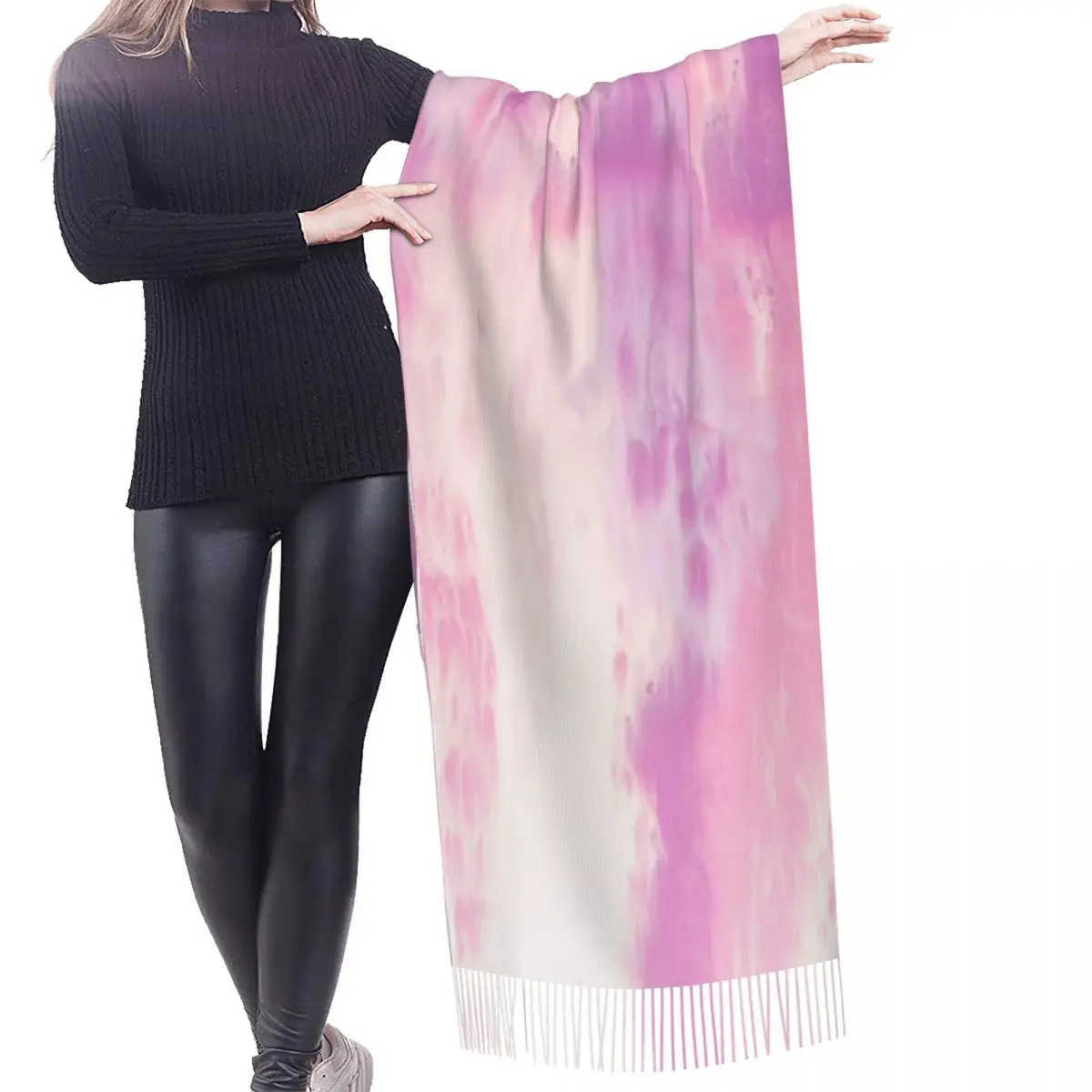 Custom Stylish Cool Pink Tie Dye Tassel Scarf Women Winter Fall Warm Shawl Wrap Lady Traditional Dyeing Art Scarves