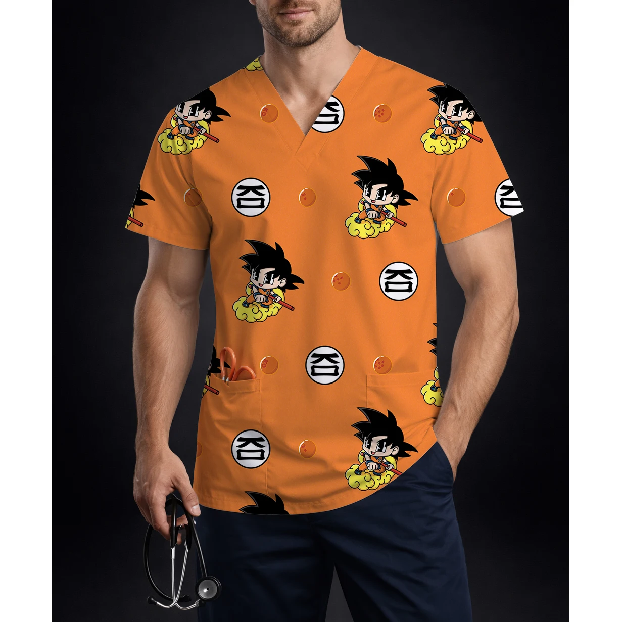 Men's V Neck Dragon Ball Scrub Top Short Sleeve Pocket Anime Print Nursing Uniform Medical Workwear Nurse Shirt Tee