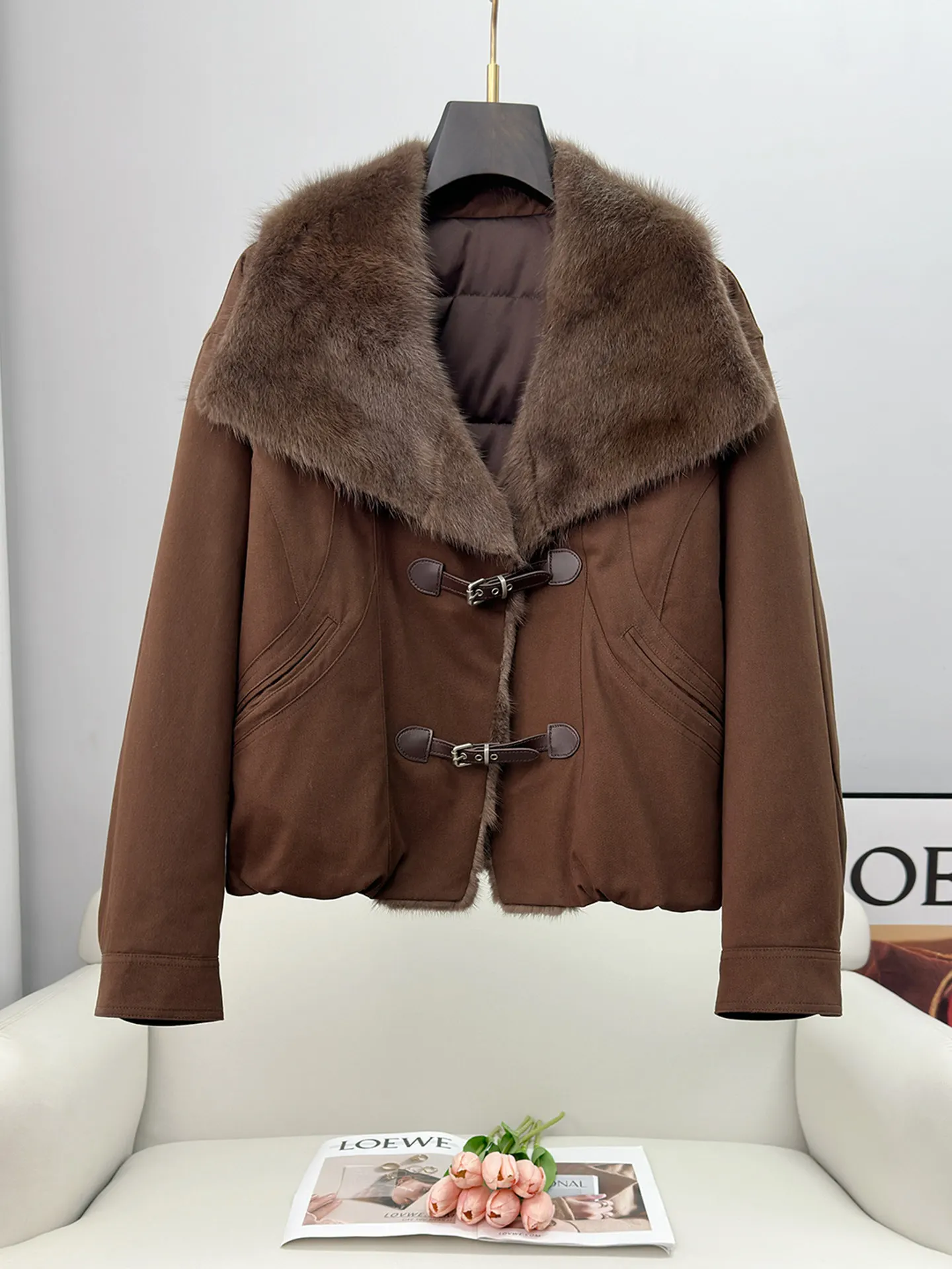 Grüner Wurzel-Nerz-Pelzmantel mit großem Pelzkragen für Damen, 2022, Winter, neuer Petite-Parka, Gänsedaunenjacke, Motorrad, kurzer Stil