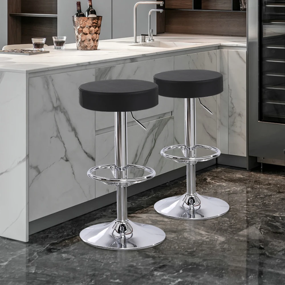 Round Bar Stools Set of 2 Adjustable Counter Height Stools Faux Leather Modern Backless Barstools with Footrest