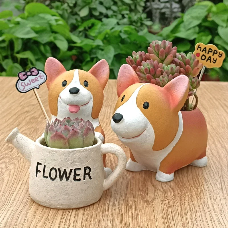 Kreatywna sadzarka Corgi, doniczka z żywicy na sukulenty kaktusy rośliny powietrzne, bajkowy ogród dekoracyjna figurka wystrój domu na biurko