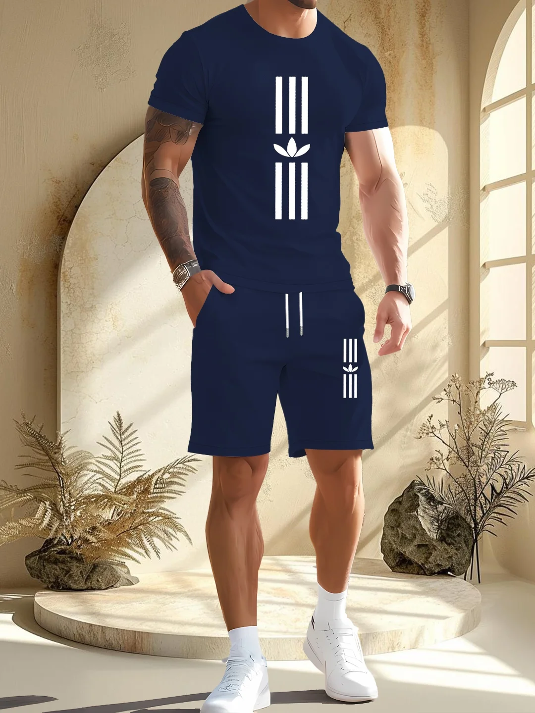 

EUROPEAN AND AMERICAN MEN'S SUMMER MEN'S LOOSE SET SHORT SLEEVED SHORTS SPORTS CASUAL ROUND NECK TWO-PIECE SET MEN'S