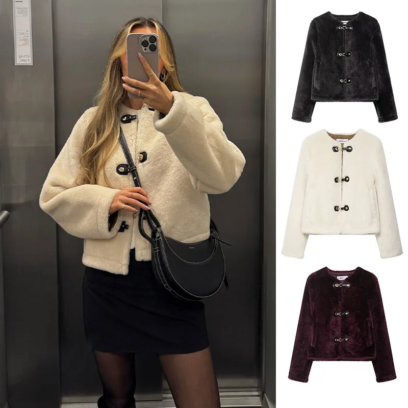 

2025 Woman Beige Faux Fur Thicken Short Coat Fashion Women Winter Fashion Warm O Neck Jacket Versatile Outerwear Streetwear