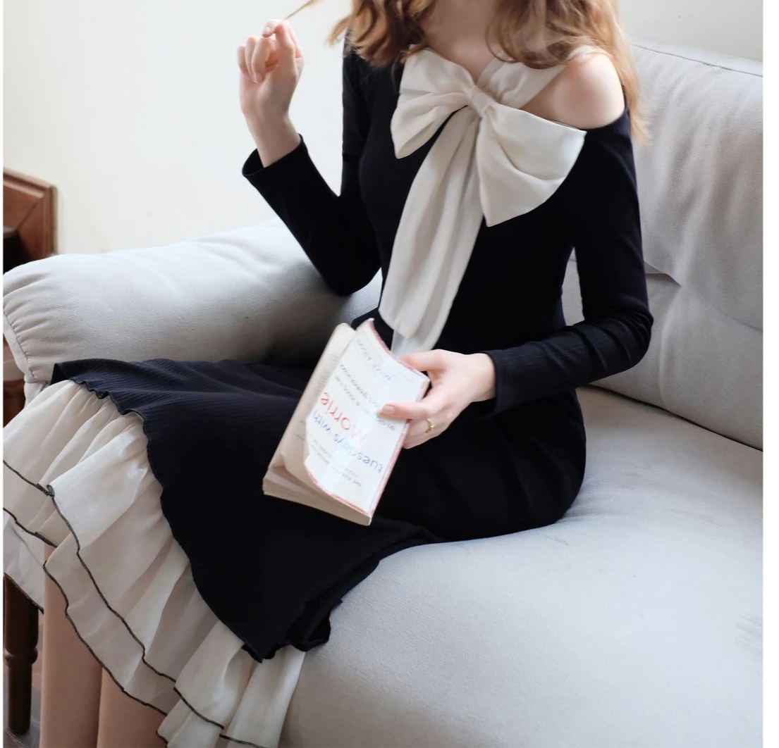 

French Design, Spring and Autumn Bow Tie Waist, Slimming Fishtail Knitted Dress for Women, New Temperament Black Dress