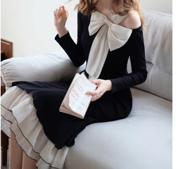 French Design, Spring and Autumn Bow Tie Waist, Slimming Fishtail Knitted Dress for Women, New Temperament Black Dress