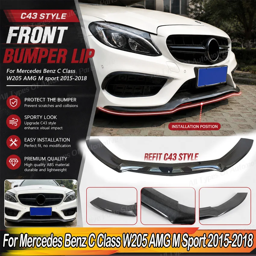 

Car Front Bumper Lip Refit C43 Style for Mercedes Benz C Class W205 AMG M Sport 2015-2018 Spoiler Diffuser Blade Body Kit Tuning