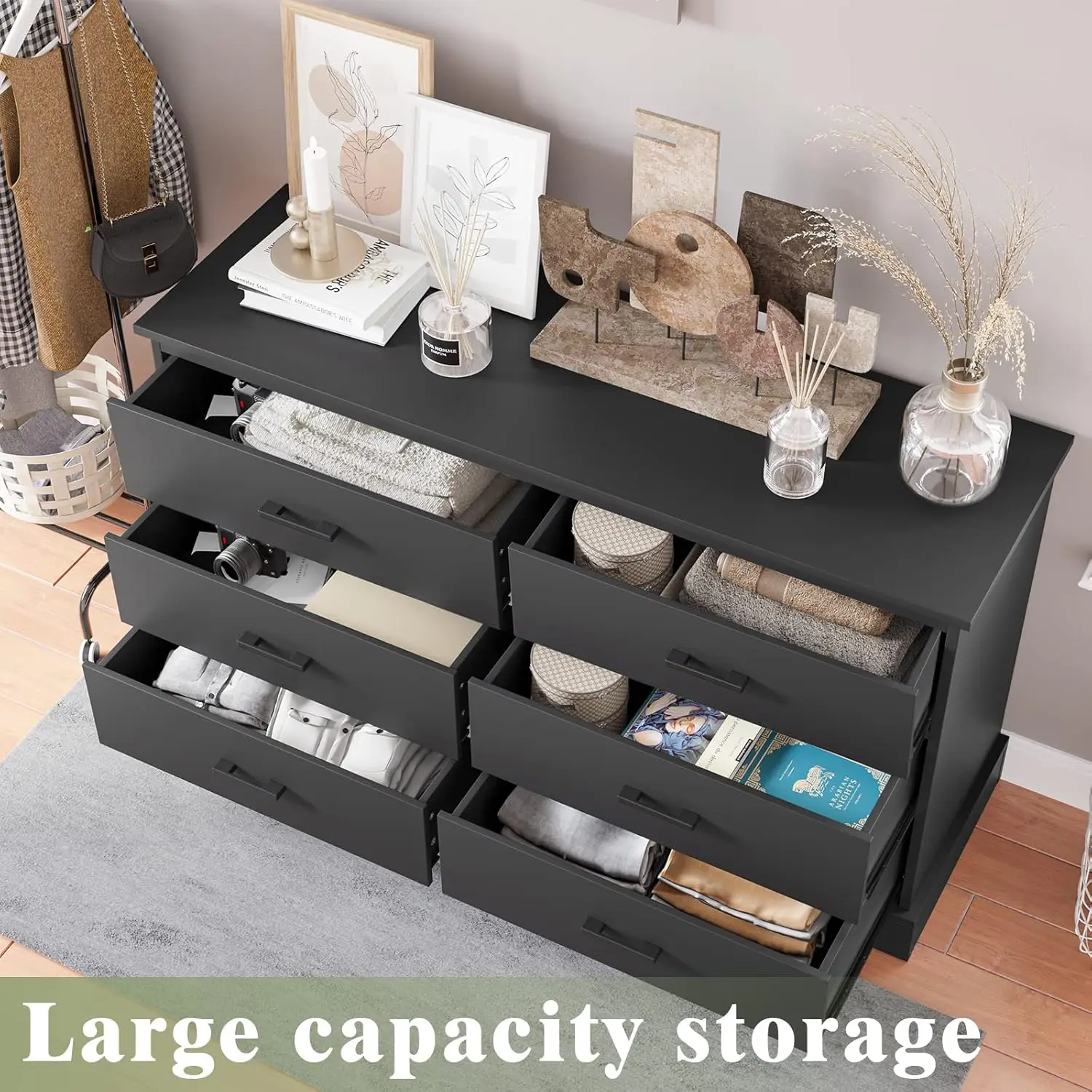 Double Dresser Storage Tower, Organizador de roupas, Peito largo de 6 gavetas, Torre de armazenamento de madeira