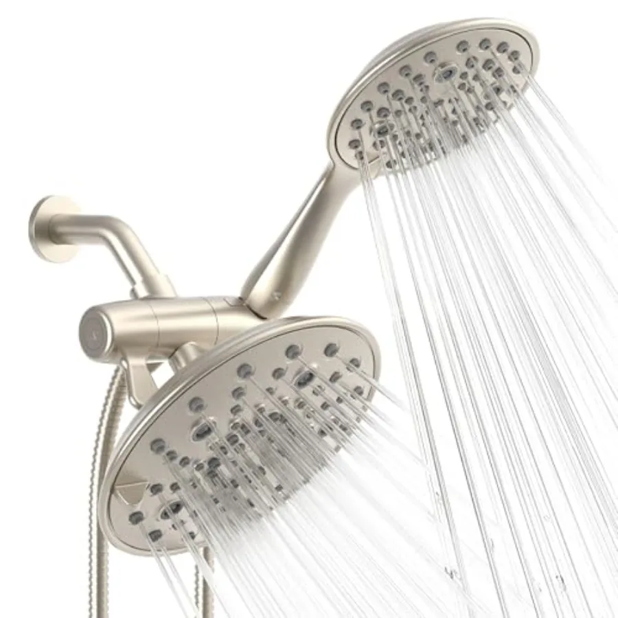 

Dual Shower Head for bathroom use, stainless steel and ABS plastic, brushed nickel color, 8'' high pressure with 55 spray modes
