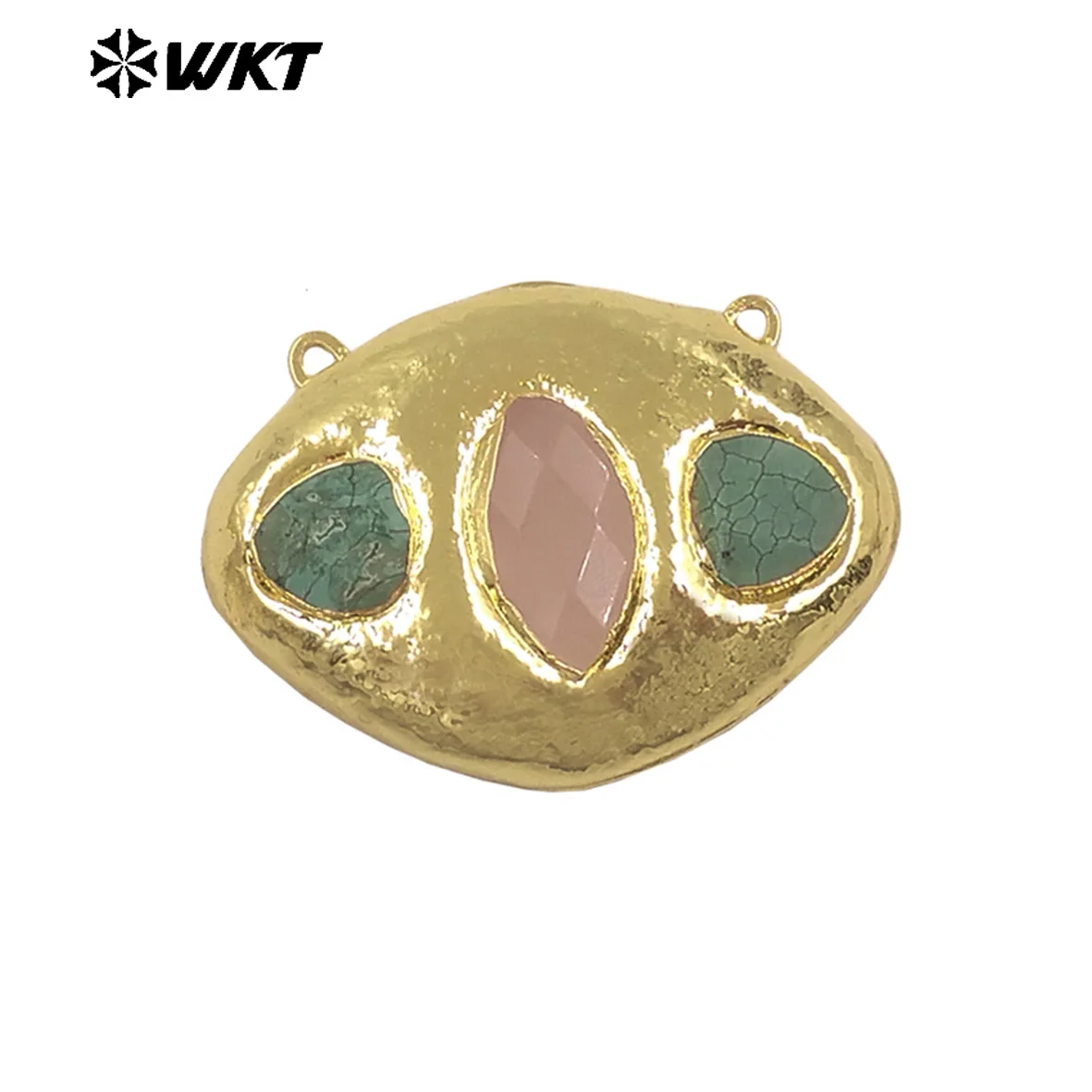 WT-C338 Wholesale Gold Electroplated Three Natural Gemstones Oval Charms Connectors With Double Hoops For Bracelets DIY Design