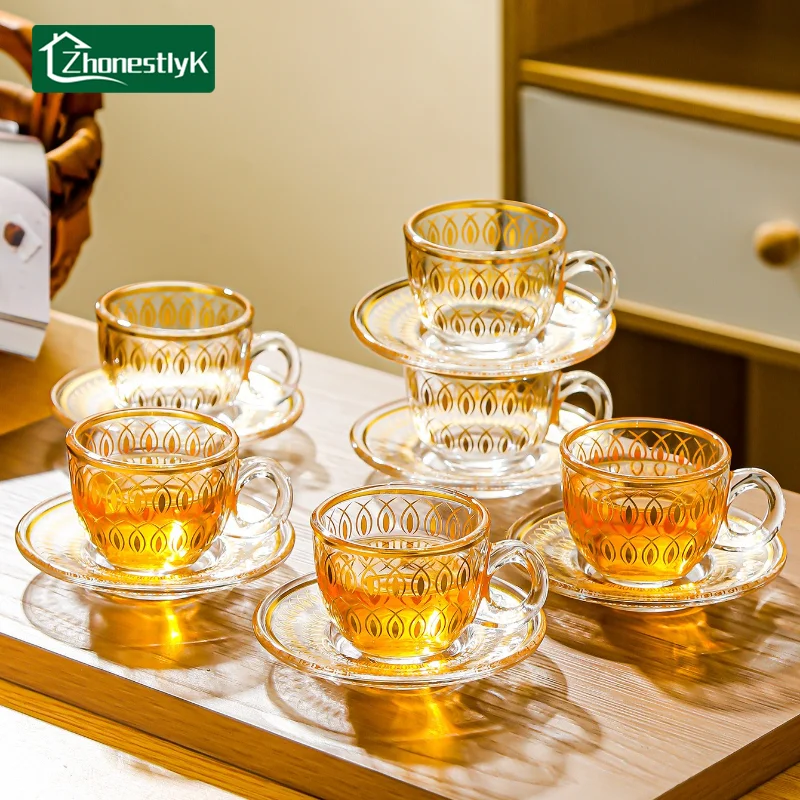 

Набор из 6 мини-стаканов для кофе в европейском стиле с золотым ободком, легкие роскошные кружки для послеобеденного чая, домашняя посуда для напитков