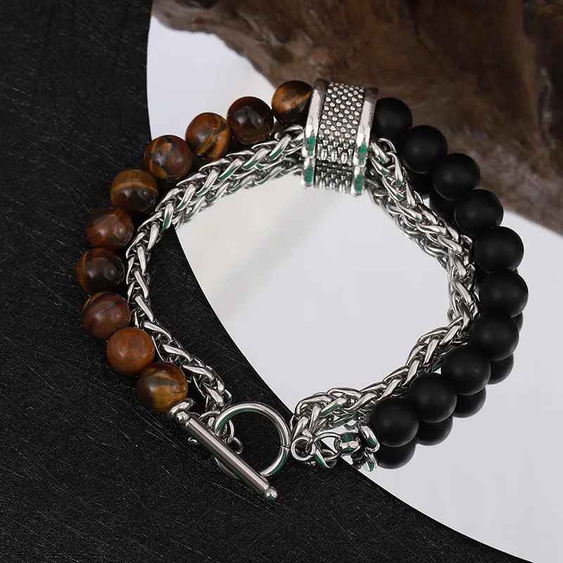 

Natural Tiger Eye Bead Titanium Steel Bracelet with Magnetic Clasp Fade Proof Adjustable Unisex Boho Chic Handmade Jewelry Gift