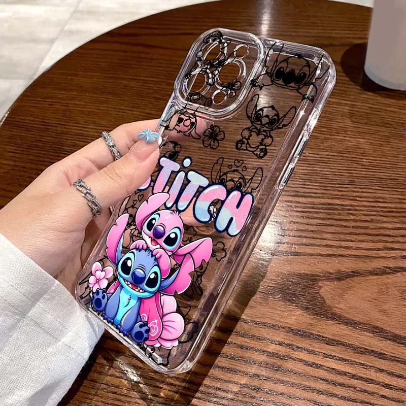 

Disney Stitch Angel Art Cute Phone Case For Apple iPhone 17 16 15 14 13 12 11 Air Pro Max Plus Mini Transparent Soft
