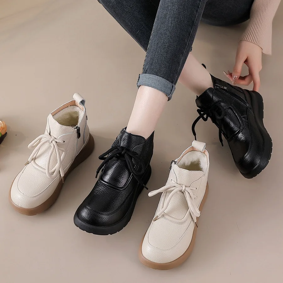 New real cow leather boots women\'s winter waterproof plush shoes ladies lace up flats furry ankle boots woman warm snow shoes