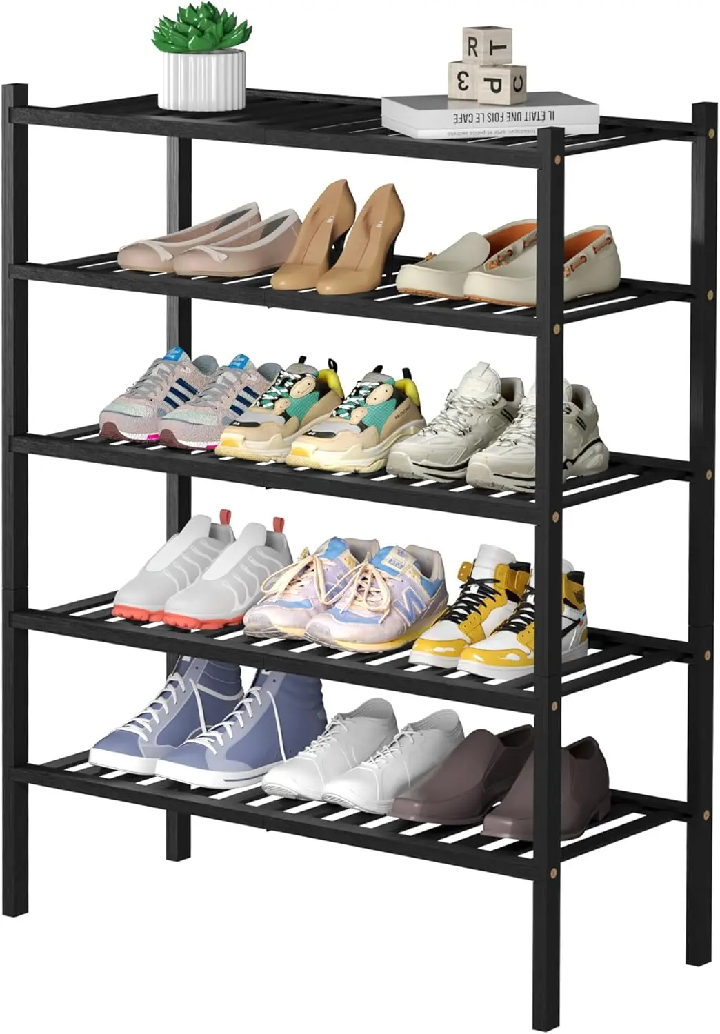 6-Tier Bamboo Shoe Rack Organizer Foldable Stackable Storage Shelf Entryway Hallway Closet Black Large