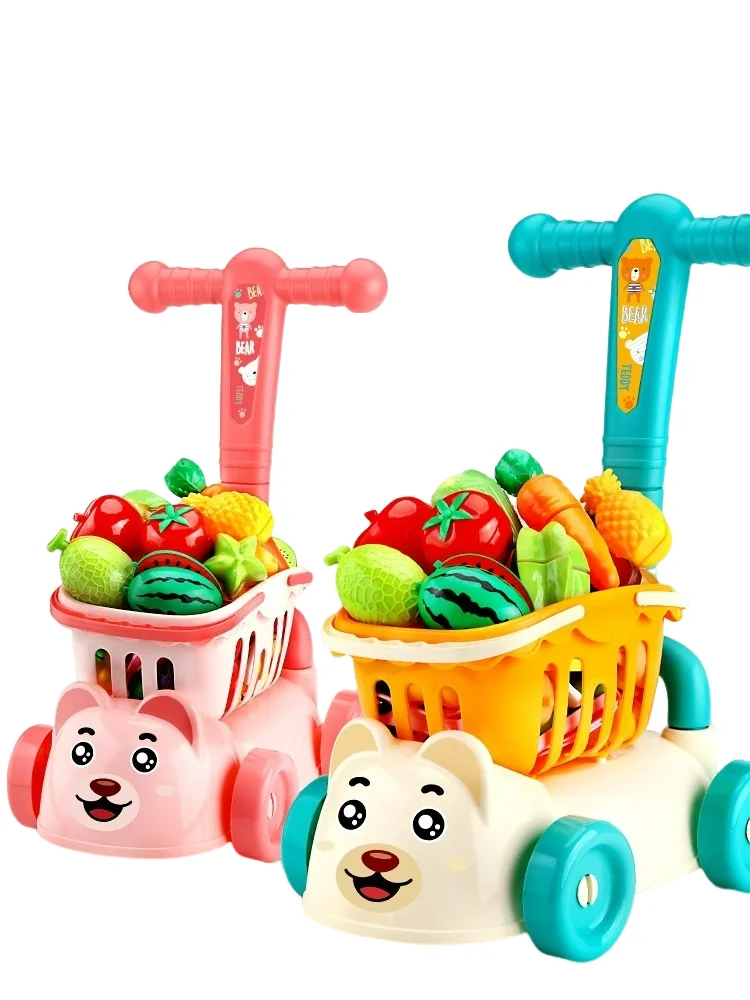 Kids Shopping Cart Trolley Play Set With Food Fruit Vegetables Accessories Play House Educational Toy Simulation Gifts for Girls