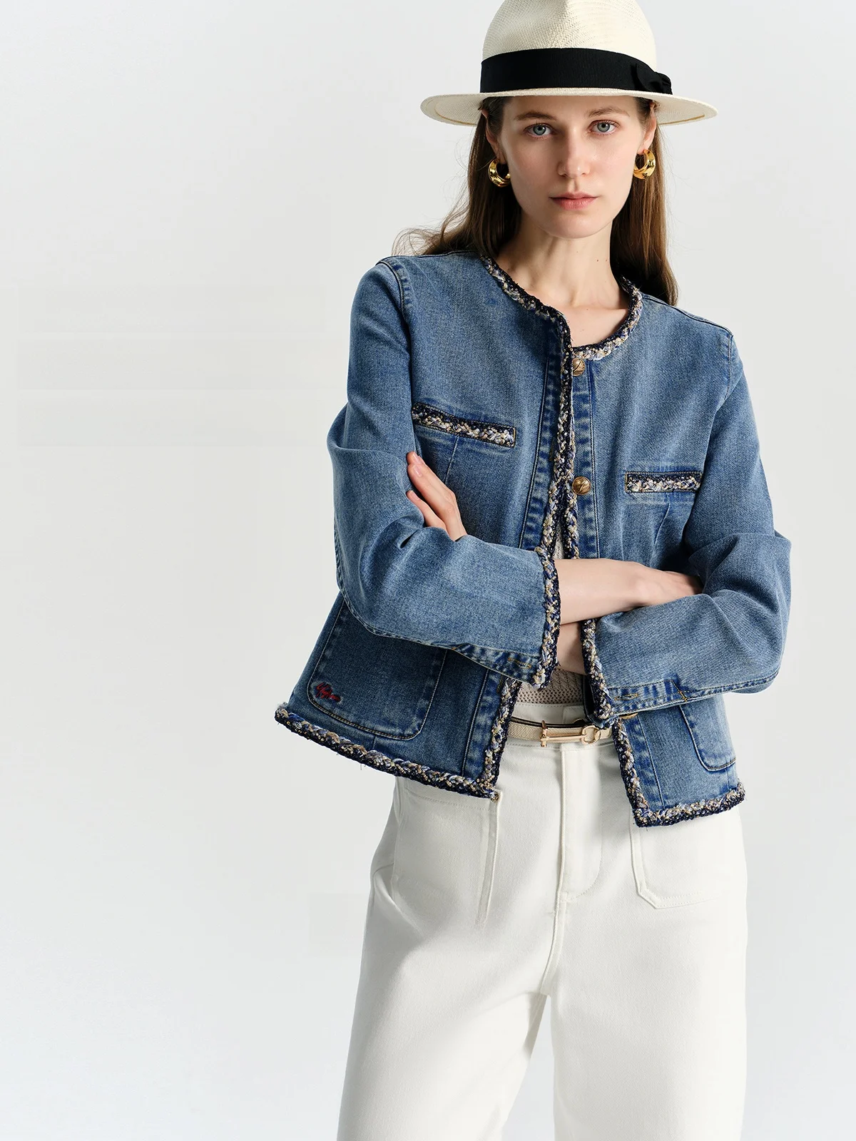 

Джинсовая куртка ручной работы из дышащей смесовой ткани (хлопок/полиэстер) для женщин, универсальная, прямого кроя