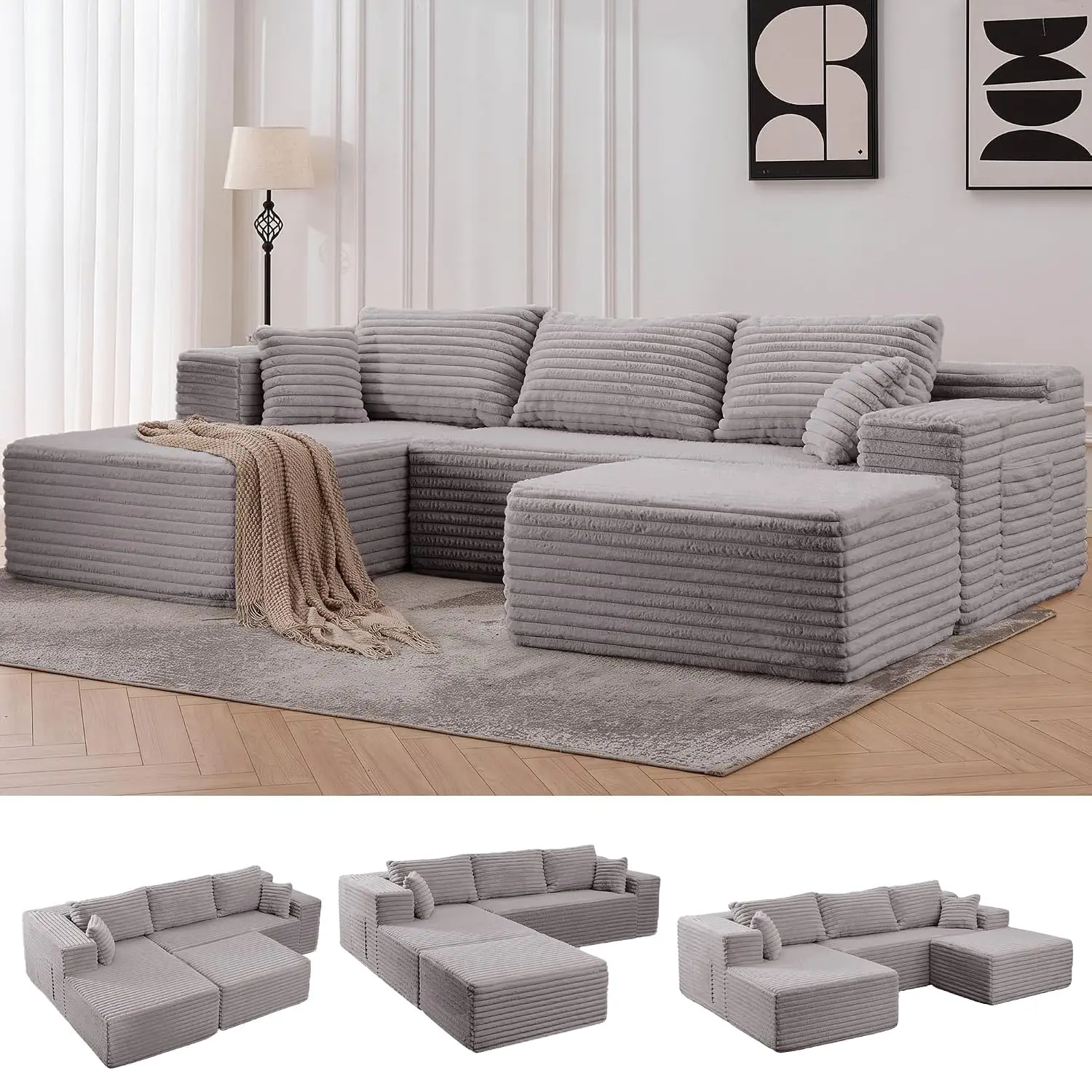 Boneless Modular Sectional Sofa U-Shape with Ottoman, Memory Foam Deep Seat Living Room 110in Grey Left Chaise, Customized